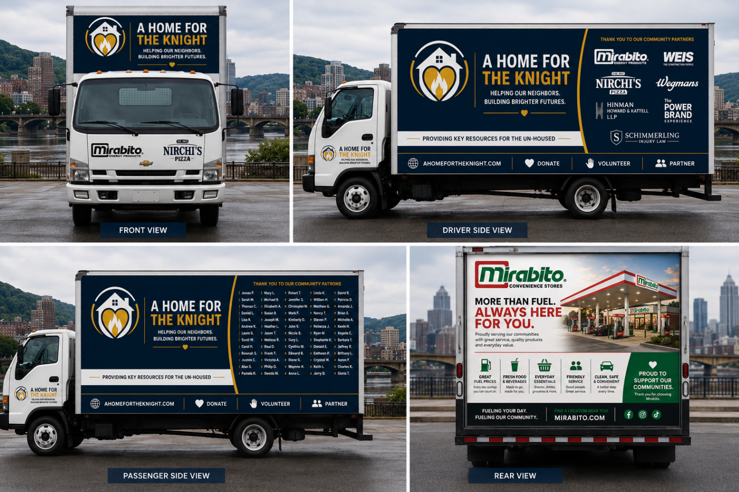Front, driver side, passenger side and rear views of the sponsored relief truck